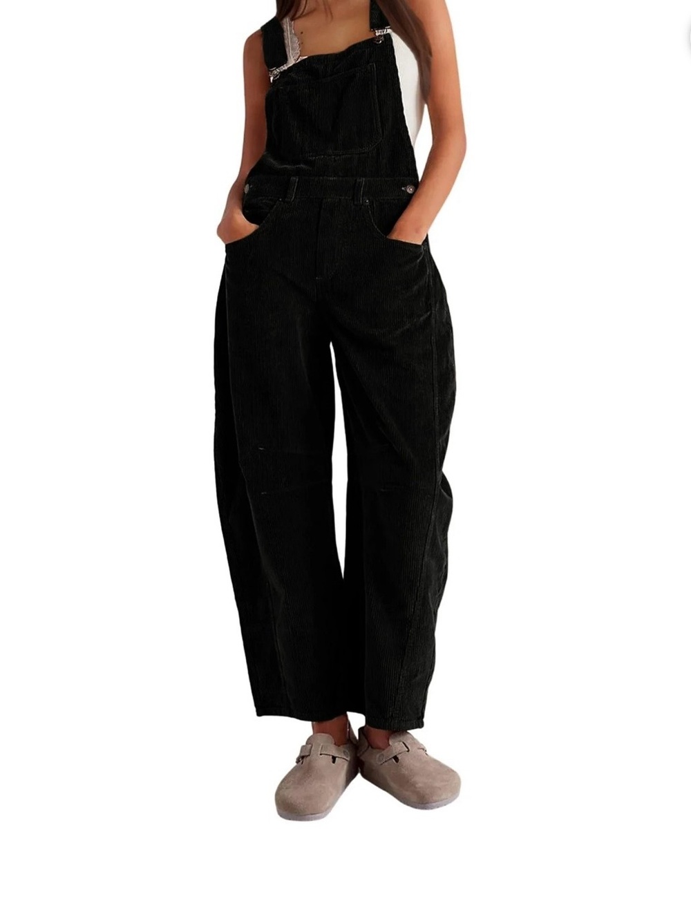 Puwei Black Corduroy Barrel Leg Overalls Size S